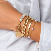 Chic Toggle Clasp Round Disk Pearl Charm Stackable Bracelet Set